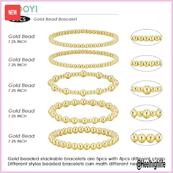 14K Gold Plated Beaded Bracelet Set Stackable Adjustable 5PCS - Picture 6 of 8